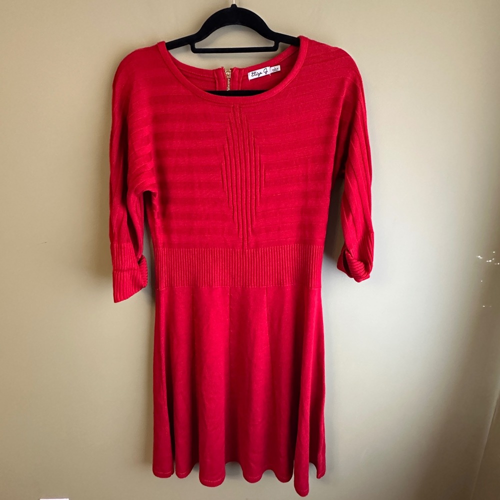 Eliza‎ J Red Knit Ribbed 3/4 Sleeve Fit Flare Sweater Dress Size L Stretch Mini